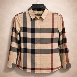 Burberry Women’s Tan & Black Plaid Button-Up Shirt – Size M